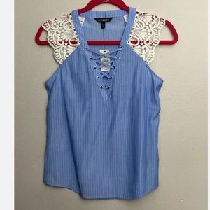 12-23 Express blue top Shirt XXS NWT stripe crochet sleeve